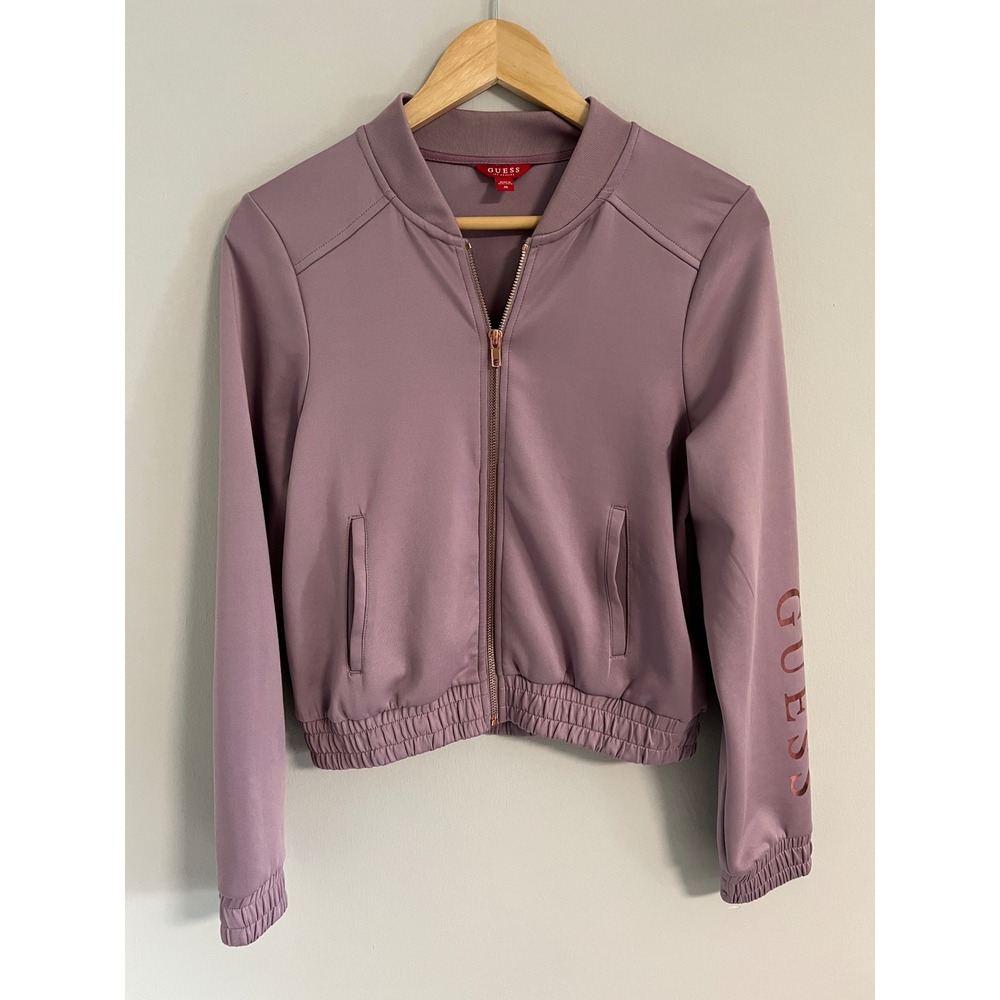 Guess Bomber Jacket Medium Mauve Rose Gold Logo Zip Up Activewear Track Jacket